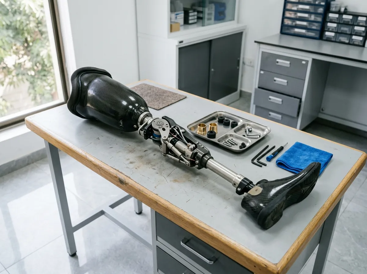 An above knee artificial leg with its cosmetic cover removed lying on a clean workbench during a yearly service, with a small tray holding new knee bushes, bumpers and bolts beside it. Product photograph. No people. Photograph taken in Karachi, Pakistan, in a clean, modern, well lit private prosthetics clinic with white walls, a polished tiled floor and tidy steel and laminate furniture. Any person shown is Pakistani and well dressed, with the face out of frame. Natural daylight, realistic colours, documentary style. No text, no signage, no logos, no watermarks. 4:3 aspect ratio.