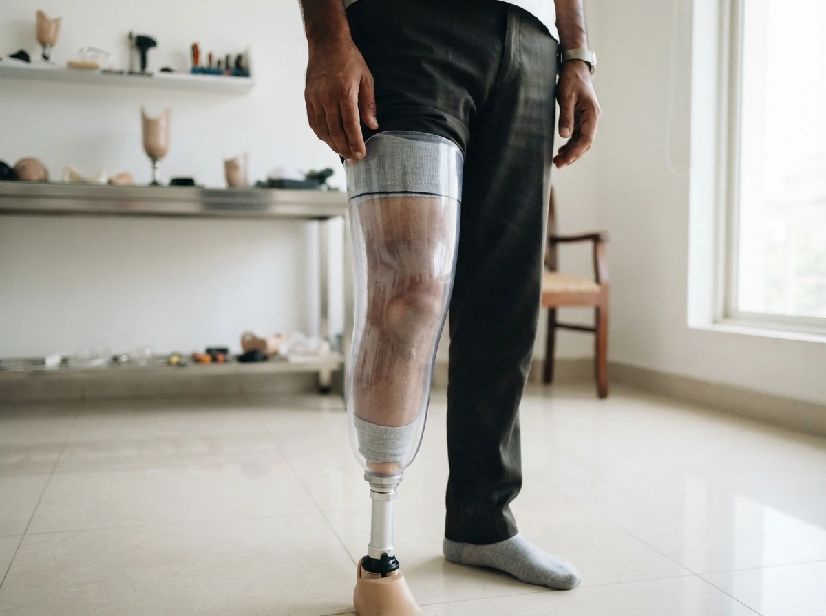 A clear plastic test socket worn on a below knee residual limb while standing, photographed close from the side so the skin and a thin sock can be seen through the transparent plastic, with a marker pen line drawn on the outside of the socket. Photograph taken in Karachi, Pakistan, in a clean, modern, well lit private prosthetics clinic with white walls, a polished tiled floor and tidy steel and laminate furniture. Any person shown is Pakistani and well dressed, with the face out of frame. Natural daylight, realistic colours, documentary style. No text, no signage, no logos, no watermarks. 4:3 aspect ratio.