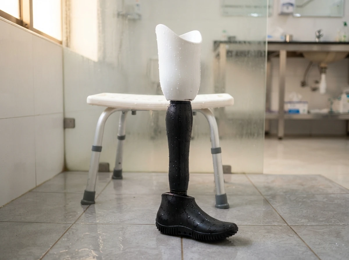 A simple waterproof shower artificial leg with a plain white plastic socket, a sealed black pylon and a rubber foot with a ridged non slip sole and small drain holes, standing on wet ceramic tiles beside a white plastic bathing stool, water droplets on the leg. Product photograph. No people. Photograph taken in Karachi, Pakistan, in a clean, modern, well lit private prosthetics clinic with white walls, a polished tiled floor and tidy steel and laminate furniture. Any person shown is Pakistani and well dressed, with the face out of frame. Natural daylight, realistic colours, documentary style. No text, no signage, no logos, no watermarks. 4:3 aspect ratio.