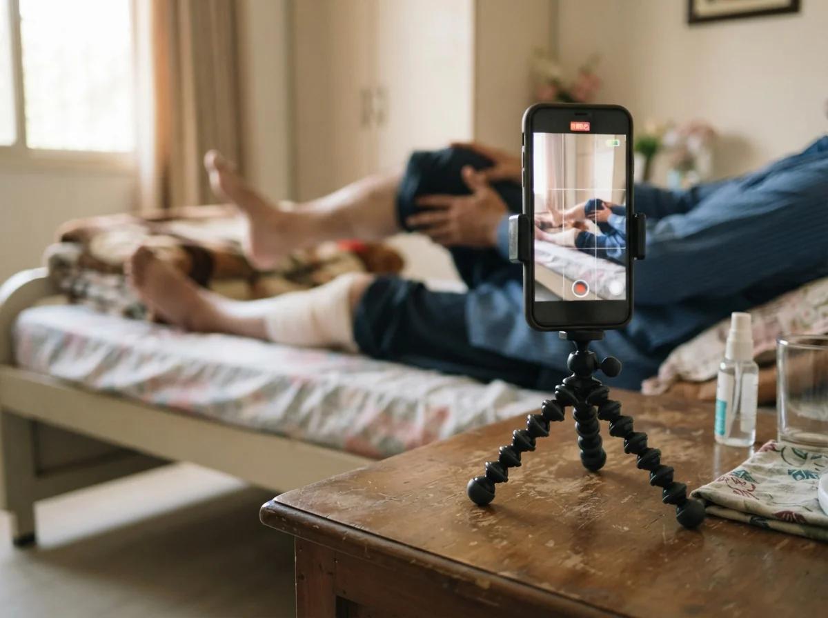 A smartphone propped on a small stand on a clean table, recording a short video of a below knee residual limb being straightened on a bed in the background, photographed so that the screen and the limb are softly out of focus and no face is visible. Photograph taken in Karachi, Pakistan. Any person shown is Pakistani and well dressed, with the face out of frame. Natural daylight, realistic colours, documentary style. No text, no signage, no logos, no watermarks. 4:3 aspect ratio.