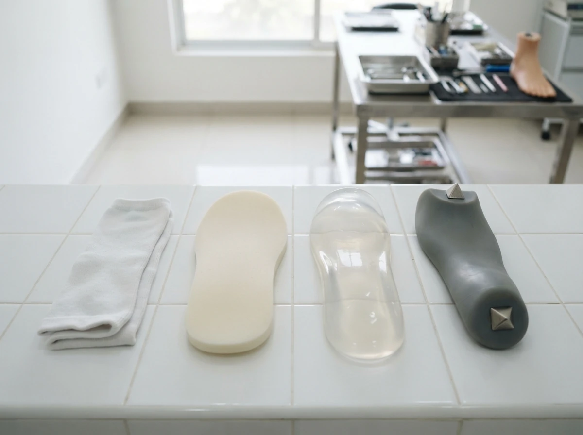 Four prosthetic interfaces laid side by side on a white surface: a folded white cotton stump sock, a cream closed cell foam inner liner, a translucent gel liner, and a grey silicone liner with a metal pin at the tip. Product photograph from above. No people. Photograph taken in Karachi, Pakistan, in a clean, modern, well lit private prosthetics clinic with white walls, a polished tiled floor and tidy steel and laminate furniture. Any person shown is Pakistani and well dressed, with the face out of frame. Natural daylight, realistic colours, documentary style. No text, no signage, no logos, no watermarks. 4:3 aspect ratio.