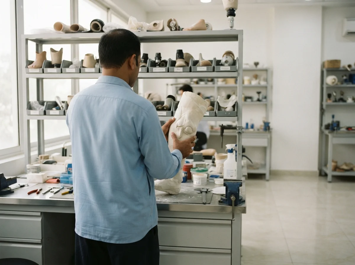 A prosthetist in a plain collared shirt seen from behind, standing at a clean workbench and examining a plaster model of a below knee residual limb held in both hands, with shelves of prosthetic components behind the bench, face not visible. Photograph taken in Karachi, Pakistan, in a clean, modern, well lit private prosthetics clinic with white walls, a polished tiled floor and tidy steel and laminate furniture. Any person shown is Pakistani and well dressed, with the face out of frame. Natural daylight, realistic colours, documentary style. No text, no signage, no logos, no watermarks. 4:3 aspect ratio.