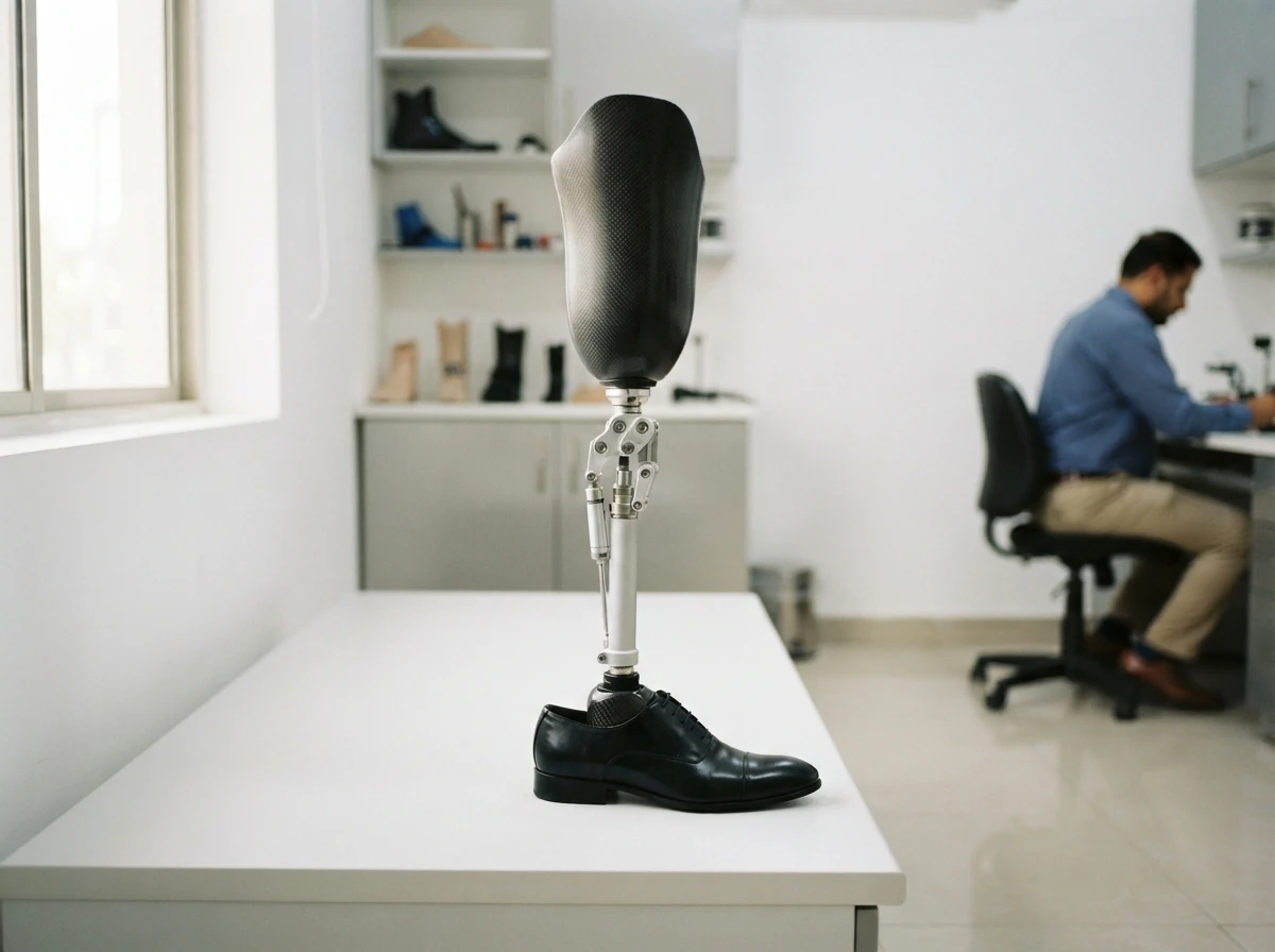 An above knee artificial leg with a carbon fibre thigh socket, a polished four bar mechanical knee joint, a slim pylon and a foot in a black formal shoe, standing upright on a white bench. The leg is the only subject. No people. Photograph taken in Karachi, Pakistan, in a clean, modern, well lit private prosthetics clinic with white walls, a polished tiled floor and tidy steel and laminate furniture. Any person shown is Pakistani and well dressed, with the face out of frame. Natural daylight, realistic colours, documentary style. No text, no signage, no logos, no watermarks. 4:3 aspect ratio.