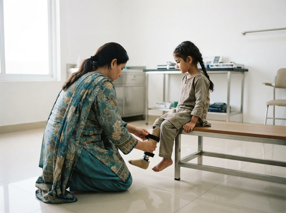 A mother in an elegant printed lawn shalwar kameez kneeling on a clean tiled floor and fastening the strap of a small artificial leg for a young child who sits on a low clinic bench, photographed from behind the mother so neither face is visible. Photograph taken in Karachi, Pakistan, in a clean, modern, well lit private prosthetics clinic with white walls, a polished tiled floor and tidy steel and laminate furniture. Any person shown is Pakistani and well dressed, with the face out of frame. Natural daylight, realistic colours, documentary style. No text, no signage, no logos, no watermarks. 4:3 aspect ratio.