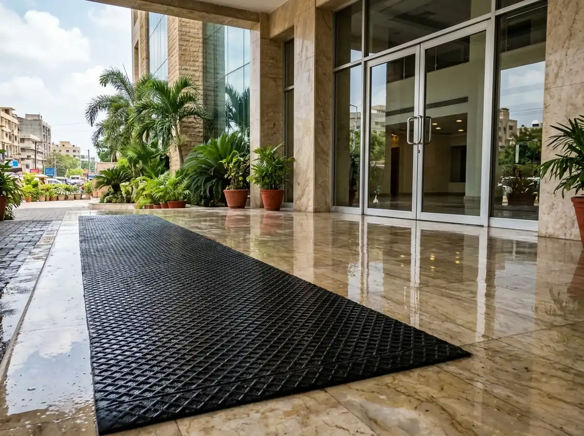 A wet polished marble floor at the entrance of a building with a long rubber anti slip mat laid across it, photographed at a low angle so the reflection on the wet marble and the texture of the mat are both clear. No people. Photograph taken in Karachi, Pakistan. Any person shown is Pakistani and well dressed, with the face out of frame. Natural daylight, realistic colours, documentary style. No text, no signage, no logos, no watermarks. 4:3 aspect ratio.