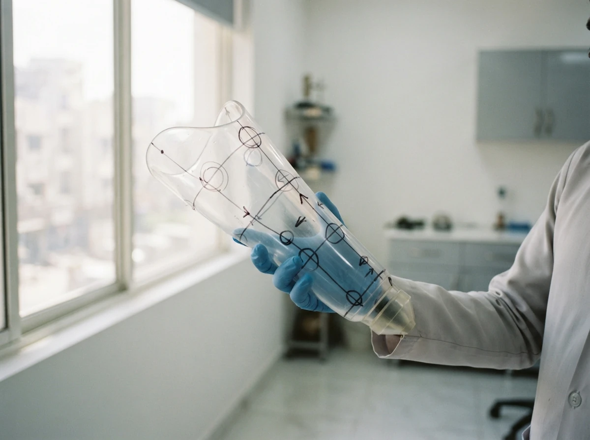 A clear plastic test socket for a below knee artificial leg held up to a window so the light shows through it, with pen marks where adjustments are planned, only the socket and a gloved hand visible. No faces. Photograph taken in Karachi, Pakistan, in a clean, modern, well lit private prosthetics clinic with white walls, a polished tiled floor and tidy steel and laminate furniture. Any person shown is Pakistani and well dressed, with the face out of frame. Natural daylight, realistic colours, documentary style. No text, no signage, no logos, no watermarks. 4:3 aspect ratio.