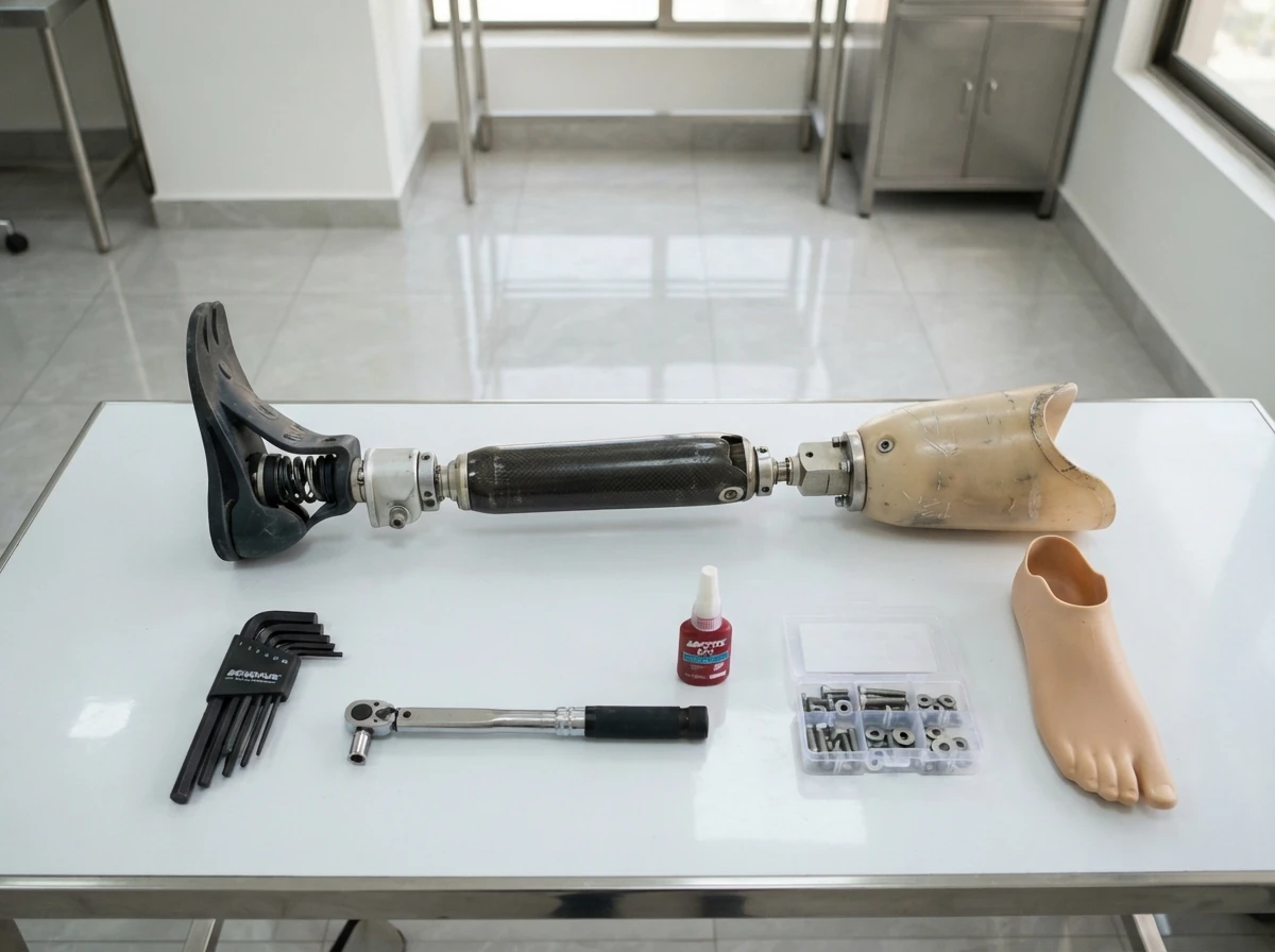 An artificial leg laid on a clean workbench with its cosmetic cover removed, surrounded by neatly arranged tools: a set of hex keys, a torque wrench, thread locking fluid, spare bolts and a new foot shell. Product photograph from above. No people. Photograph taken in Karachi, Pakistan, in a clean, modern, well lit private prosthetics clinic with white walls, a polished tiled floor and tidy steel and laminate furniture. Any person shown is Pakistani and well dressed, with the face out of frame. Natural daylight, realistic colours, documentary style. No text, no signage, no logos, no watermarks. 4:3 aspect ratio.