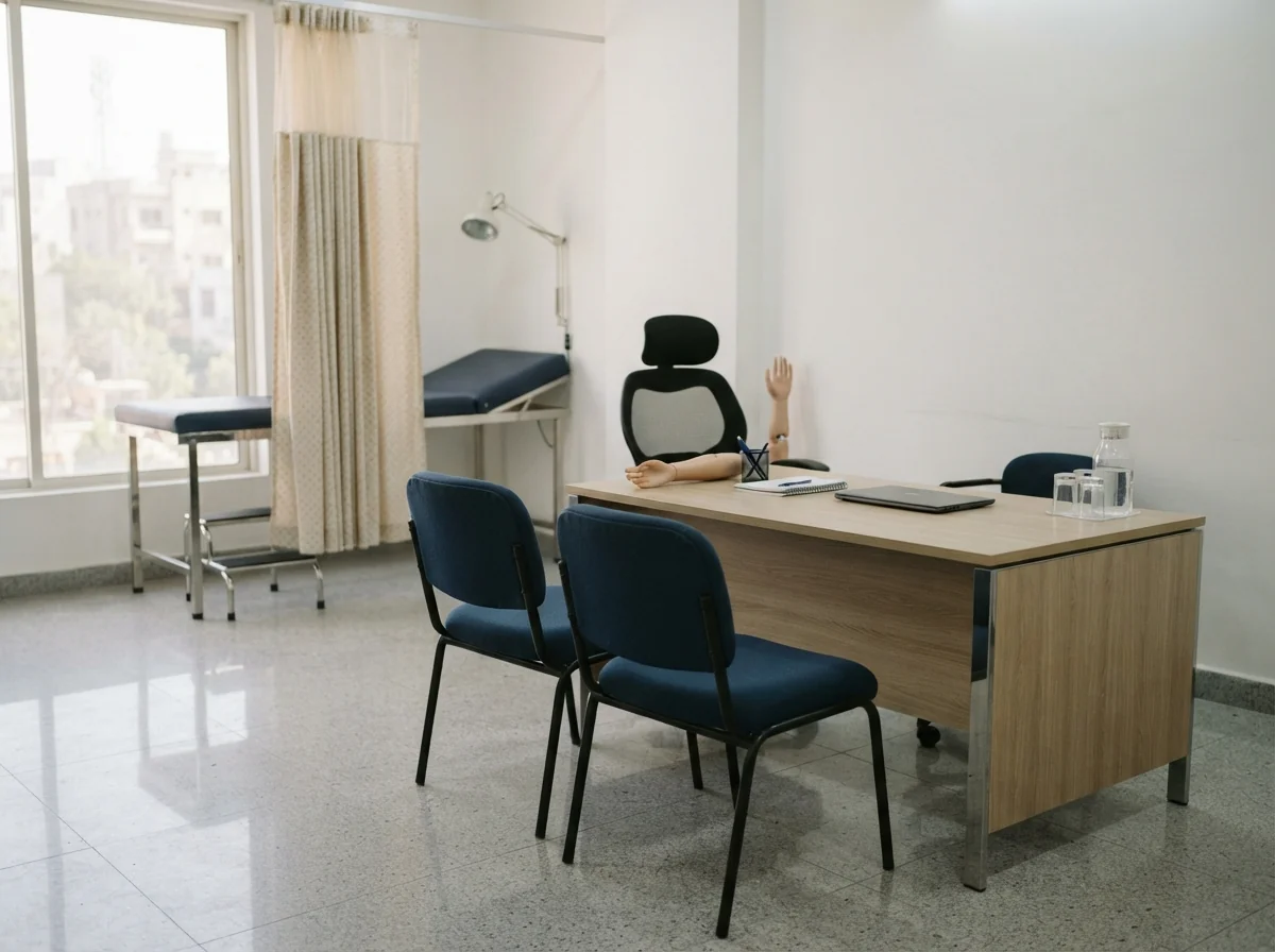 A clean clinic consultation room with three chairs arranged together facing a desk so that a patient and two family members can sit side by side, with a privacy curtain drawn halfway across an examination couch behind. No people. Photograph taken in Karachi, Pakistan, in a clean, modern, well lit private prosthetics clinic with white walls, a polished tiled floor and tidy steel and laminate furniture. Any person shown is Pakistani and well dressed, with the face out of frame. Natural daylight, realistic colours, documentary style. No text, no signage, no logos, no watermarks. 4:3 aspect ratio.