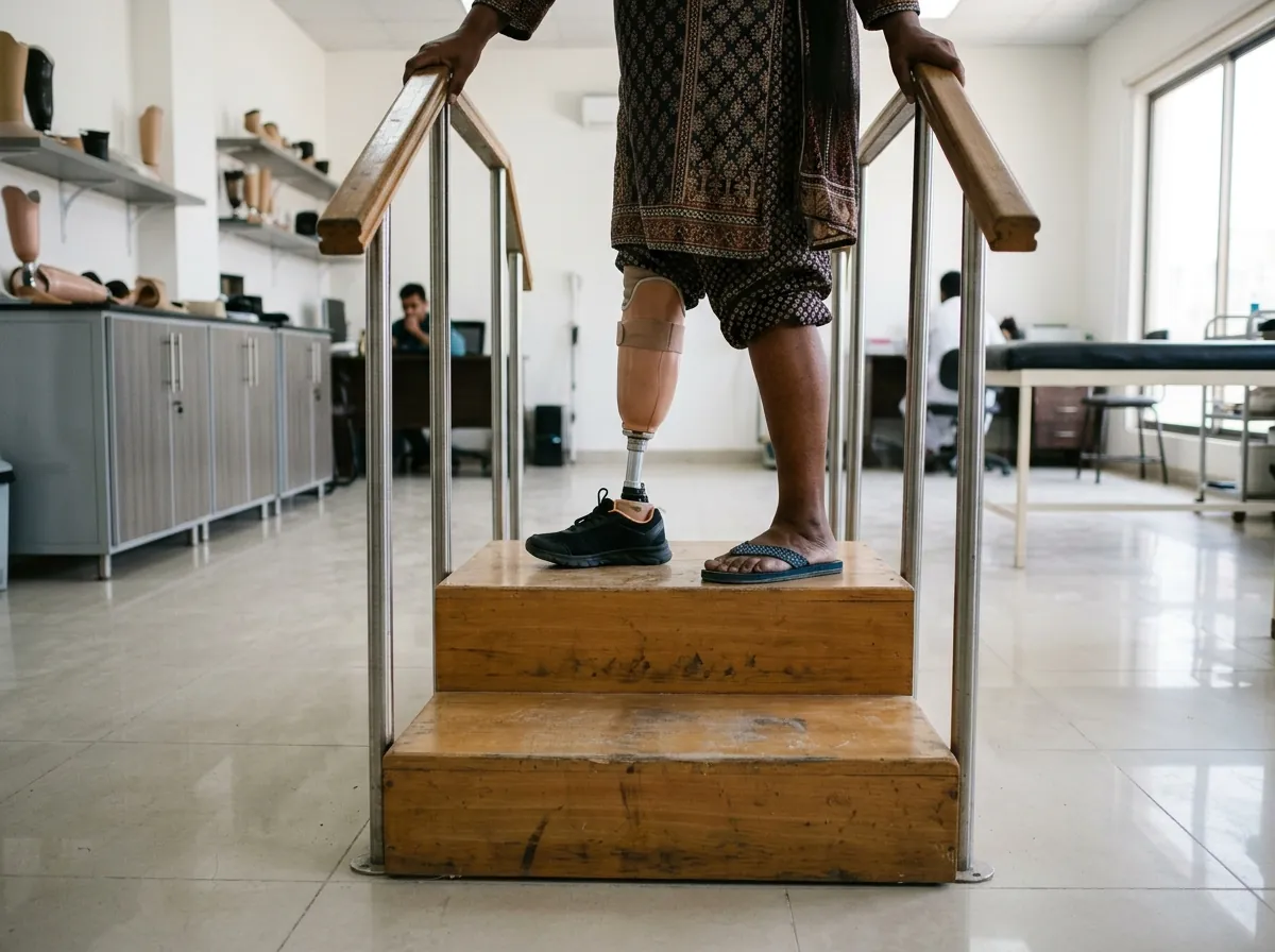 A below knee artificial leg and a sound leg on a low set of wooden training steps with handrails in a clean clinic, the sound foot on the upper step and the prosthetic foot about to follow, photographed from the side at step height with only the legs visible. Photograph taken in Karachi, Pakistan, in a clean, modern, well lit private prosthetics clinic with white walls, a polished tiled floor and tidy steel and laminate furniture. Any person shown is Pakistani and well dressed, with the face out of frame. Natural daylight, realistic colours, documentary style. No text, no signage, no logos, no watermarks. 4:3 aspect ratio.