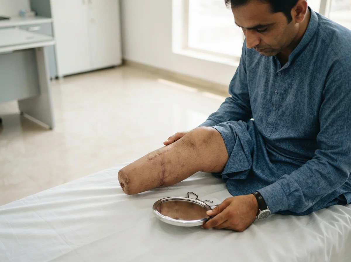 A hand holding a small round mirror beneath a below knee residual limb to inspect the skin on its underside, in bright daylight on a clean white bed sheet, close view showing only the hand, the mirror and the limb. Photograph taken in Karachi, Pakistan, in a clean, modern, well lit private prosthetics clinic with white walls, a polished tiled floor and tidy steel and laminate furniture. Any person shown is Pakistani and well dressed, with the face out of frame. Natural daylight, realistic colours, documentary style. No text, no signage, no logos, no watermarks. 4:3 aspect ratio.