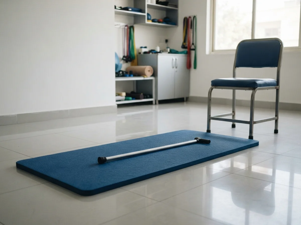 A thick blue exercise mat laid on a clean clinic floor beside a sturdy chair, with a walking stick lying on the mat, prepared for fall recovery practice. No people. Photograph taken in Karachi, Pakistan, in a clean, modern, well lit private prosthetics clinic with white walls, a polished tiled floor and tidy steel and laminate furniture. Any person shown is Pakistani and well dressed, with the face out of frame. Natural daylight, realistic colours, documentary style. No text, no signage, no logos, no watermarks. 4:3 aspect ratio.