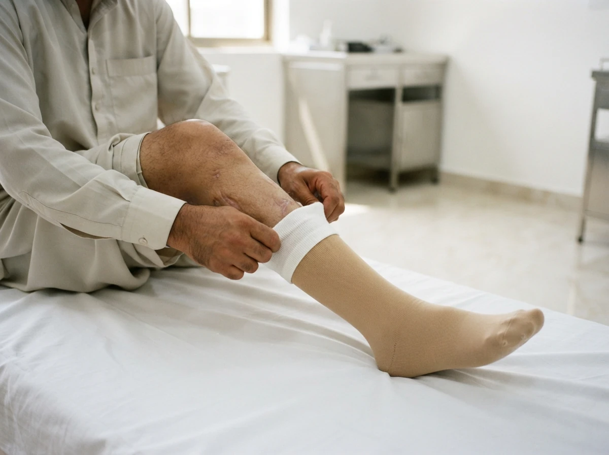 A hand pulling a short white half length stump sock over the lower part of a below knee residual limb that already wears a full length sock, close view showing only the hands and the limb, on a clean white bed sheet. Photograph taken in Karachi, Pakistan, in a clean, modern, well lit private prosthetics clinic with white walls, a polished tiled floor and tidy steel and laminate furniture. Any person shown is Pakistani and well dressed, with the face out of frame. Natural daylight, realistic colours, documentary style. No text, no signage, no logos, no watermarks. 4:3 aspect ratio.