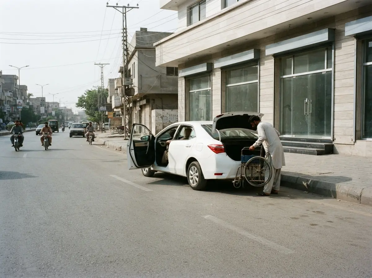 A clean white car stopped at the kerb outside a modern low rise commercial building in Karachi with its rear passenger door open and a folded wheelchair being lifted from the boot, photographed from across the road so that no signs, number plates or faces are readable. Photograph taken in Karachi, Pakistan. Any person shown is Pakistani and well dressed, with the face out of frame. Natural daylight, realistic colours, documentary style. No text, no signage, no logos, no watermarks. 4:3 aspect ratio.