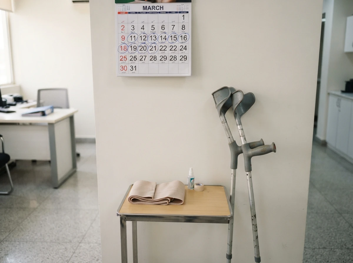 A wall calendar with several weeks circled in pen hanging beside a pair of elbow crutches leaning against a clean white wall, with a folded elastic bandage on a small table below. Still life photograph. No people. Photograph taken in Karachi, Pakistan, in a clean, modern, well lit private prosthetics clinic with white walls, a polished tiled floor and tidy steel and laminate furniture. Any person shown is Pakistani and well dressed, with the face out of frame. Natural daylight, realistic colours, documentary style. No text, no signage, no logos, no watermarks. 4:3 aspect ratio.