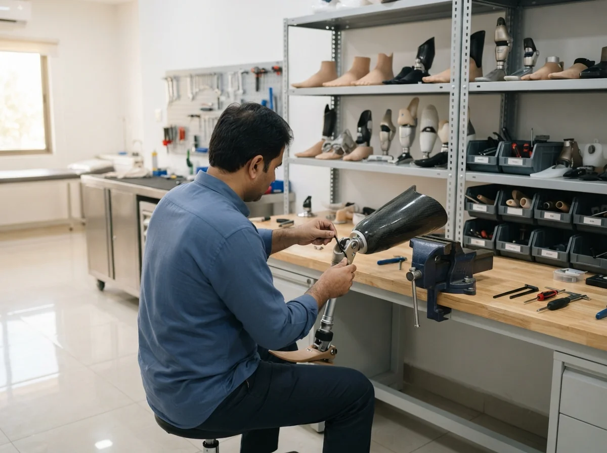 A prosthetist in a plain collared shirt seen from behind at a clean workbench, adjusting the alignment of an above knee artificial leg with a hex key, shelves of neatly arranged prosthetic feet and knee joints behind the bench. Photograph taken in Karachi, Pakistan, in a clean, modern, well lit private prosthetics clinic with white walls, a polished tiled floor and tidy steel and laminate furniture. Any person shown is Pakistani and well dressed, with the face out of frame. Natural daylight, realistic colours, documentary style. No text, no signage, no logos, no watermarks. 4:3 aspect ratio.