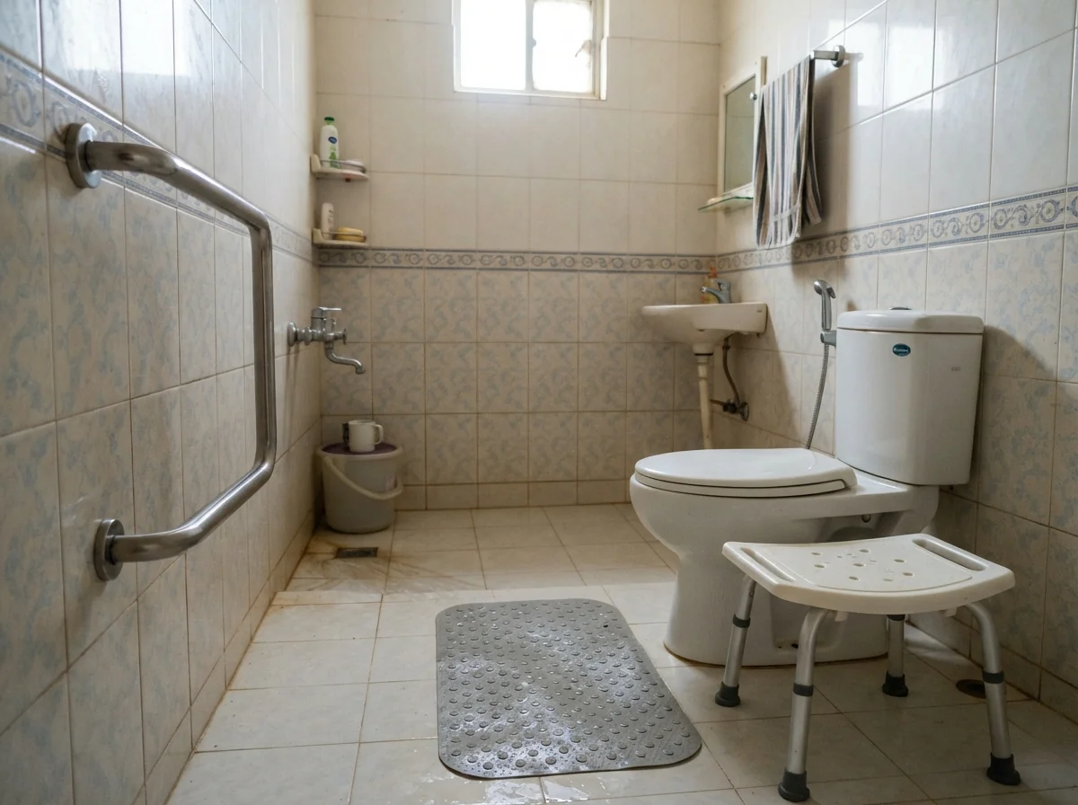 A clean tiled bathroom in a Karachi home fitted with a stainless steel grab bar on the wall beside a commode, a white plastic bathing stool and a rubber anti slip mat on the floor. No people. Photograph taken in Karachi, Pakistan. Any person shown is Pakistani and well dressed, with the face out of frame. Natural daylight, realistic colours, documentary style. No text, no signage, no logos, no watermarks. 4:3 aspect ratio.