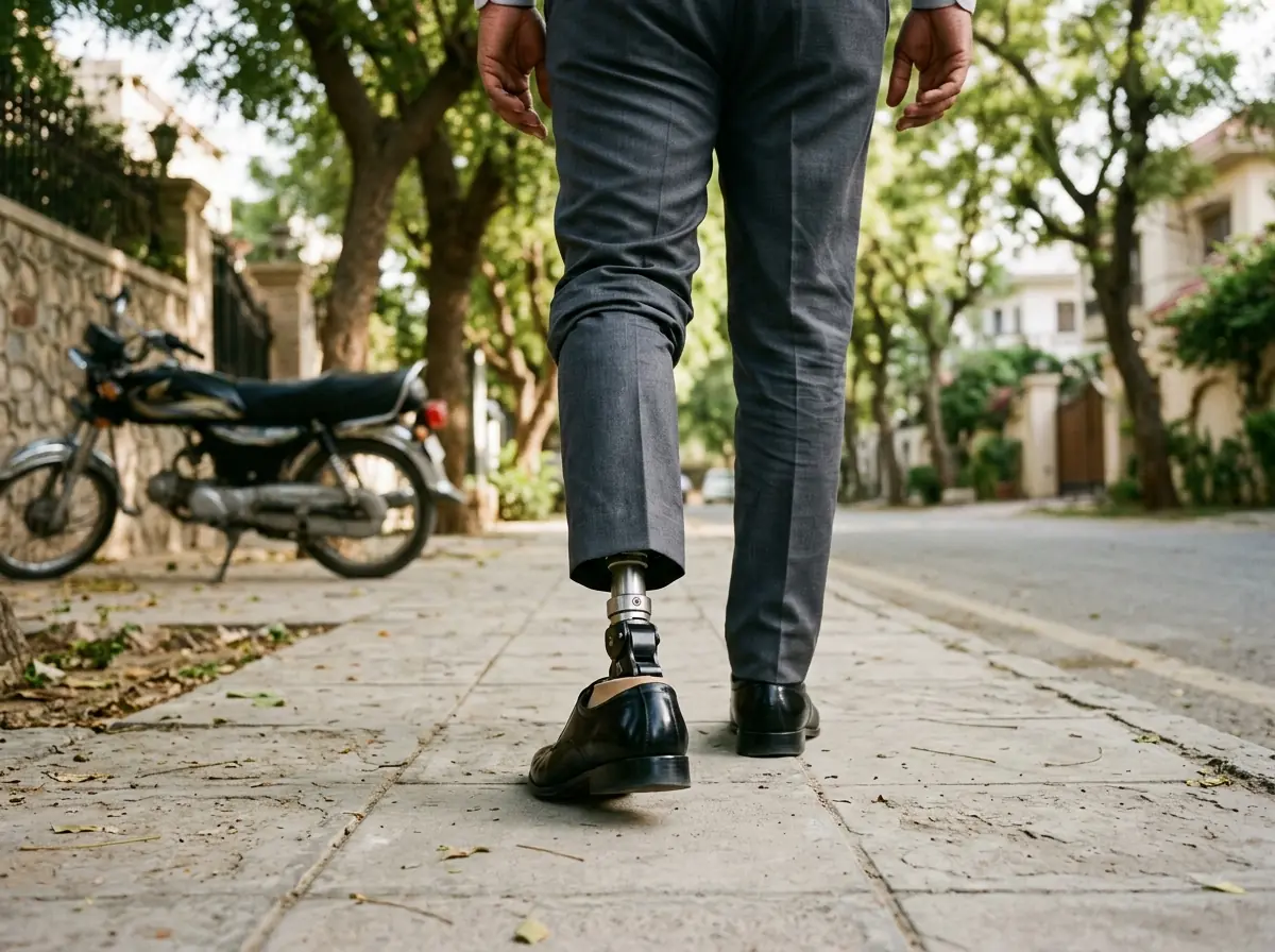 A man wearing a below knee artificial leg under neatly pressed trousers walking along a tree lined residential street in Karachi in warm morning light, photographed from behind at knee height so the prosthetic ankle and polished shoes fill the frame, a parked motorcycle soft in the background. Photograph taken in Karachi, Pakistan. Any person shown is Pakistani and well dressed, with the face out of frame. Natural daylight, realistic colours, documentary style. No text, no signage, no logos, no watermarks. 4:3 aspect ratio.