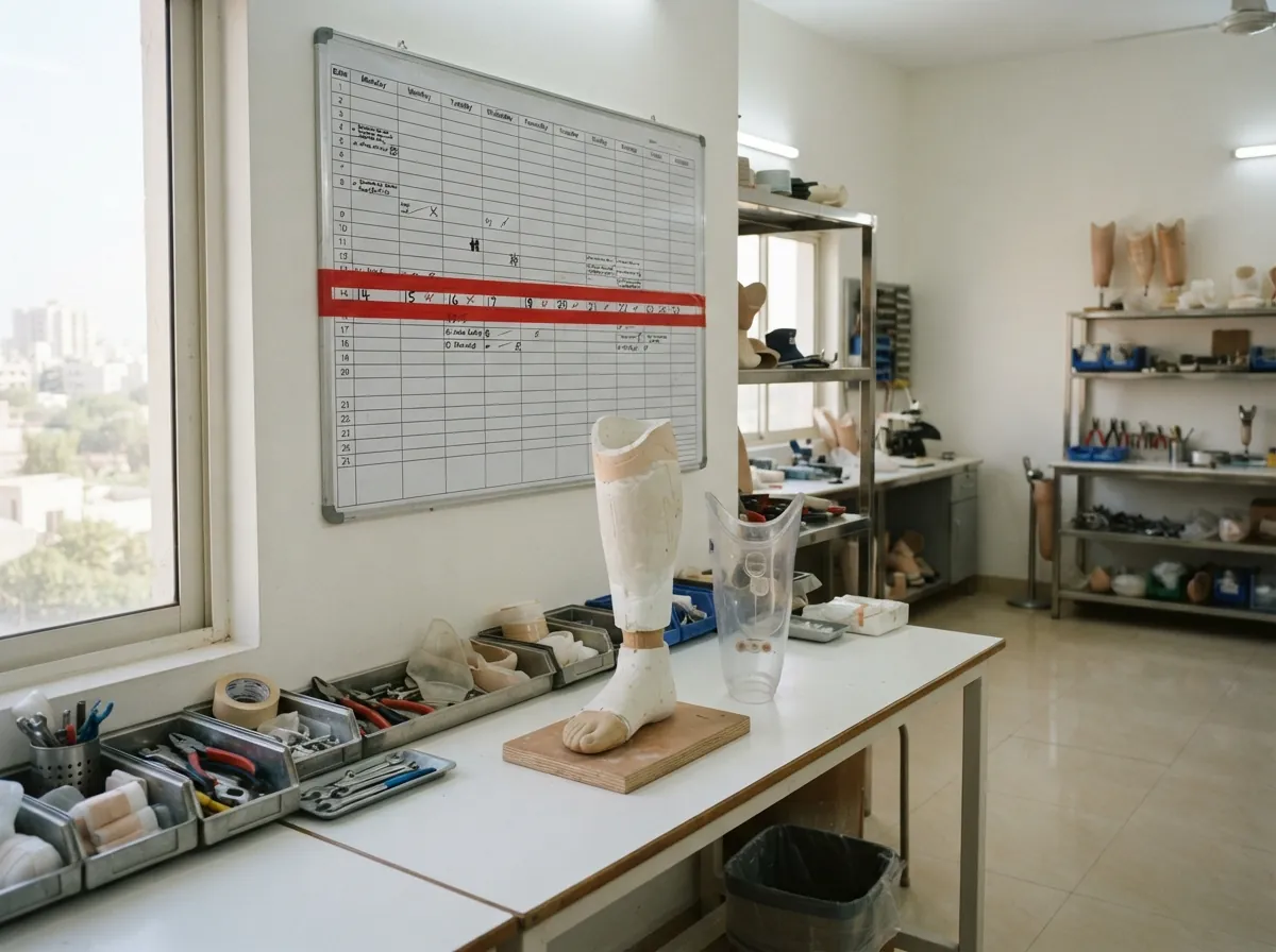 A wall planner in a clean prosthetics workshop with a block of ten consecutive days marked off by a coloured strip, a clear test socket and a plaster model on the bench beneath it, photographed so that no words are readable. No people. Photograph taken in Karachi, Pakistan, in a clean, modern, well lit private prosthetics clinic with white walls, a polished tiled floor and tidy steel and laminate furniture. Any person shown is Pakistani and well dressed, with the face out of frame. Natural daylight, realistic colours, documentary style. No text, no signage, no logos, no watermarks. 4:3 aspect ratio.