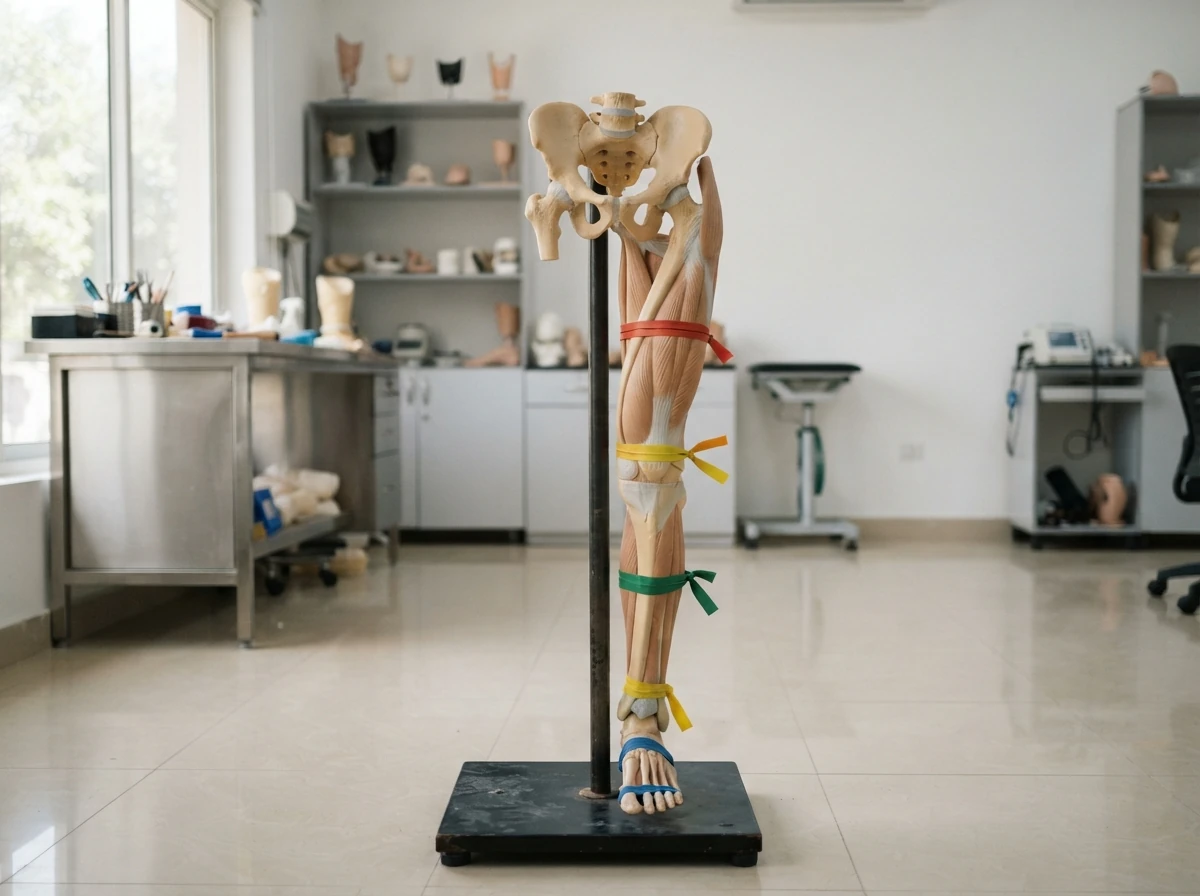 A life size anatomical teaching model of a human leg and pelvis on a stand in a clean clinic, with five coloured elastic bands tied around it at the forefoot, ankle, mid shin, knee and mid thigh to mark amputation levels. No people. Photograph taken in Karachi, Pakistan, in a clean, modern, well lit private prosthetics clinic with white walls, a polished tiled floor and tidy steel and laminate furniture. Any person shown is Pakistani and well dressed, with the face out of frame. Natural daylight, realistic colours, documentary style. No text, no signage, no logos, no watermarks. 4:3 aspect ratio.
