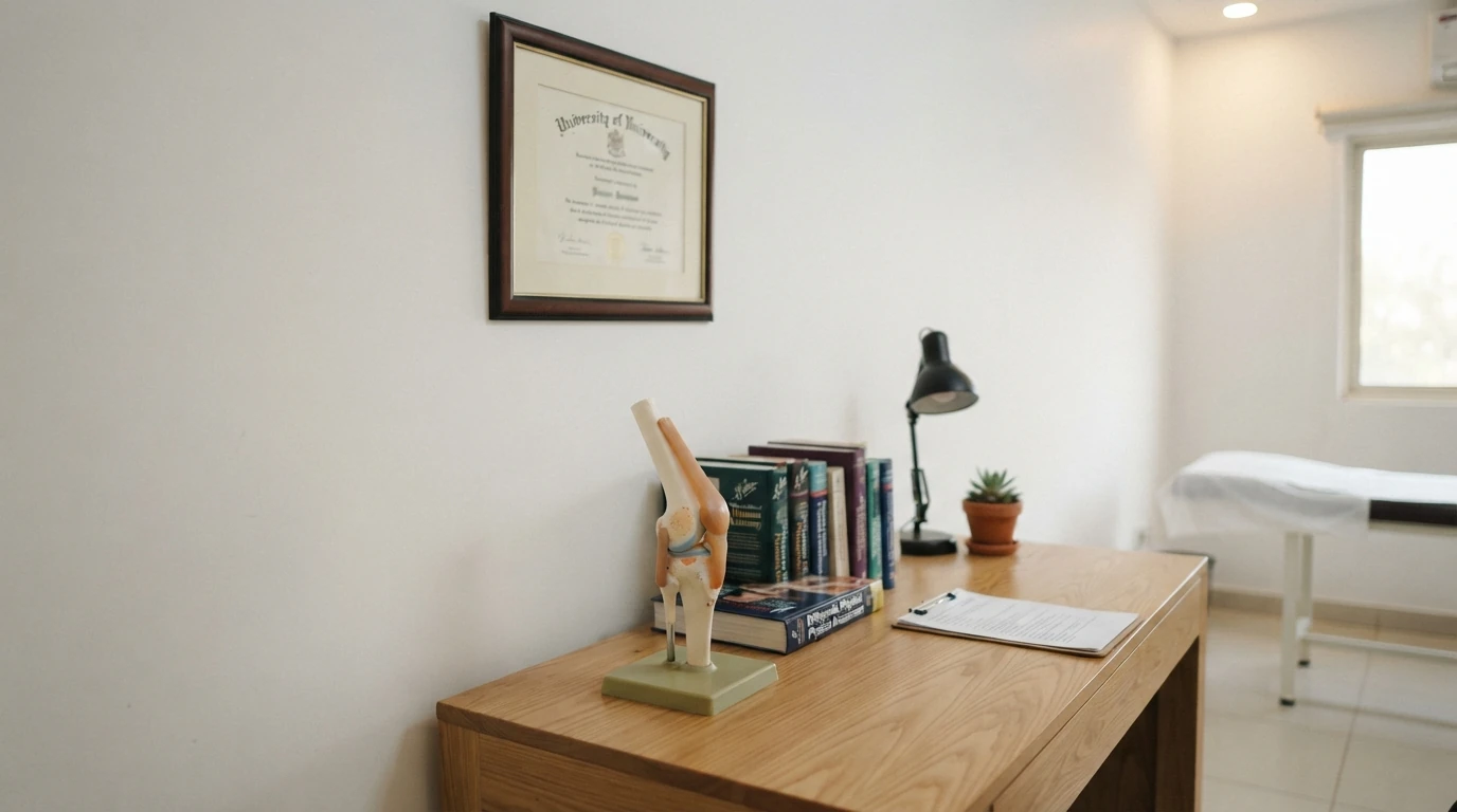 A framed university degree certificate hanging on a clean white clinic wall above a desk with anatomy reference books and a small anatomical model of a knee joint, photographed at an angle so that no words are readable. No people. Photograph taken in Karachi, Pakistan, in a clean, modern, well lit private prosthetics clinic with white walls, a polished tiled floor and tidy steel and laminate furniture. Any person shown is Pakistani and well dressed, with the face out of frame. Natural daylight, realistic colours, documentary style. No text, no signage, no logos, no watermarks. 4:3 aspect ratio.