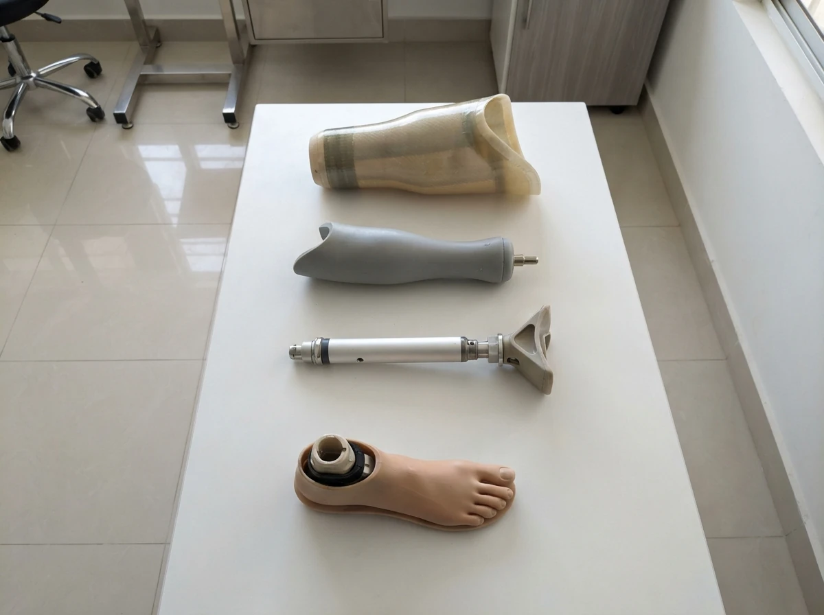 The separated parts of a below knee artificial leg laid out in order on a white surface: a laminated socket, a grey gel liner with a metal pin at its tip, an aluminium pylon with adapters, and a prosthetic foot. Flat lay product photograph from above. No people. Photograph taken in Karachi, Pakistan, in a clean, modern, well lit private prosthetics clinic with white walls, a polished tiled floor and tidy steel and laminate furniture. Any person shown is Pakistani and well dressed, with the face out of frame. Natural daylight, realistic colours, documentary style. No text, no signage, no logos, no watermarks. 4:3 aspect ratio.