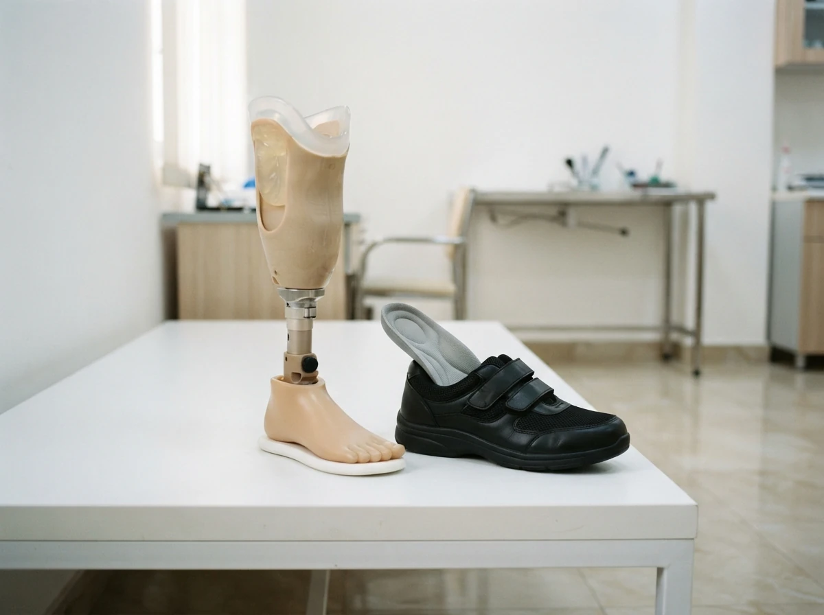 A below knee artificial leg with a soft cushioned gel liner and a padded total surface socket, standing next to a single black extra depth diabetic shoe with a soft moulded insole, on a white bench. Product photograph. No people. Photograph taken in Karachi, Pakistan, in a clean, modern, well lit private prosthetics clinic with white walls, a polished tiled floor and tidy steel and laminate furniture. Any person shown is Pakistani and well dressed, with the face out of frame. Natural daylight, realistic colours, documentary style. No text, no signage, no logos, no watermarks. 4:3 aspect ratio.