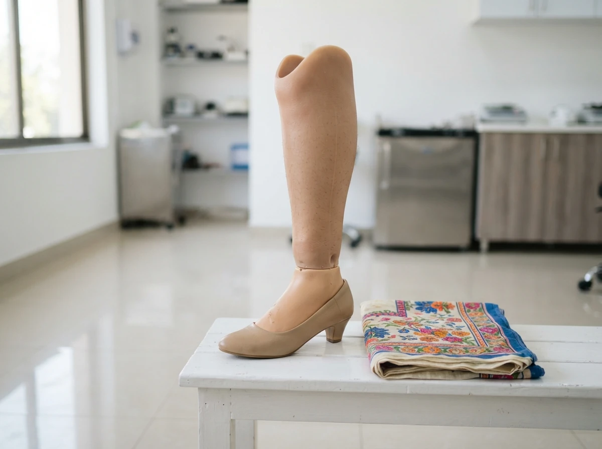A slim below knee artificial leg with a carefully shaped skin toned cosmetic cover and a natural looking foot in an elegant low heeled beige court shoe, standing on a white bench beside a folded printed lawn dupatta. Product photograph. No people. Photograph taken in Karachi, Pakistan, in a clean, modern, well lit private prosthetics clinic with white walls, a polished tiled floor and tidy steel and laminate furniture. Any person shown is Pakistani and well dressed, with the face out of frame. Natural daylight, realistic colours, documentary style. No text, no signage, no logos, no watermarks. 4:3 aspect ratio.