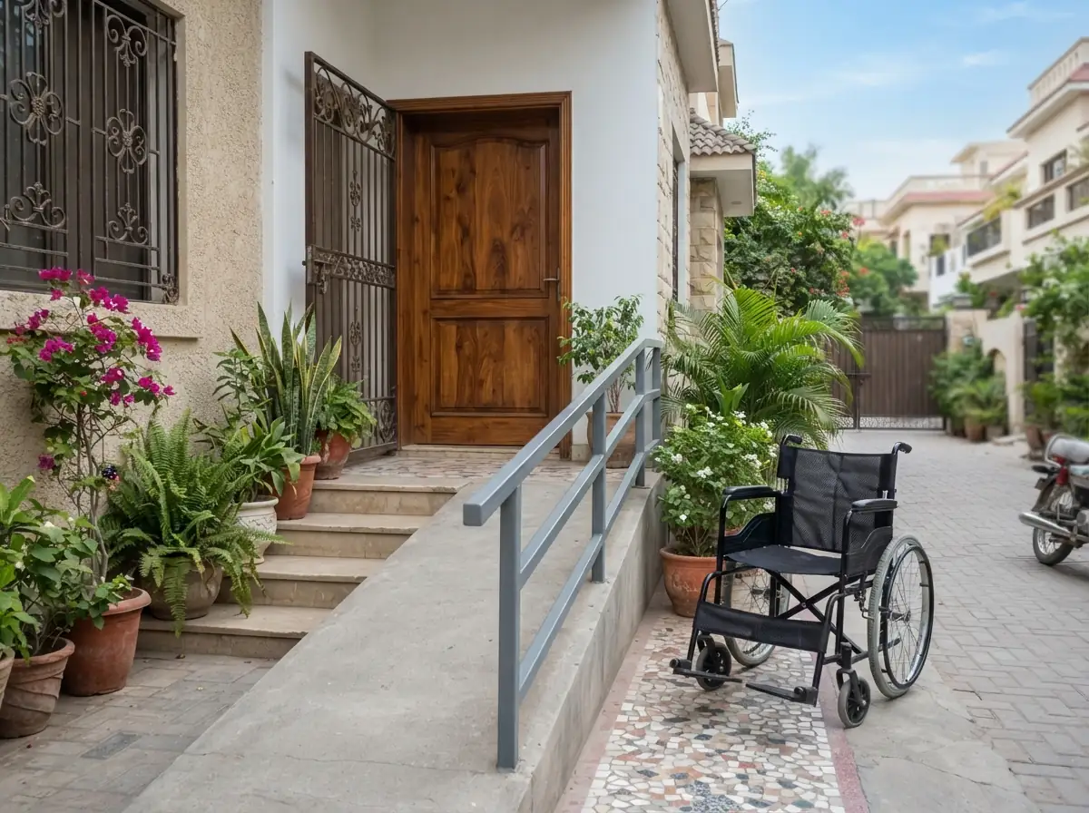 A gently sloped concrete ramp with a steel handrail built over the front step of a well kept Karachi house with a wooden door and potted plants, an empty modern wheelchair parked beside it. No people. Photograph taken in Karachi, Pakistan. Any person shown is Pakistani and well dressed, with the face out of frame. Natural daylight, realistic colours, documentary style. No text, no signage, no logos, no watermarks. 4:3 aspect ratio.
