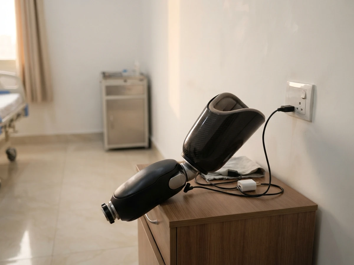 An enclosed microprocessor prosthetic knee joint connected to its charging cable on a clean bedside table beside a wall socket, with an above knee socket visible above it, photographed in soft evening light. No people. Photograph taken in Karachi, Pakistan, in a clean, modern, well lit private prosthetics clinic with white walls, a polished tiled floor and tidy steel and laminate furniture. Any person shown is Pakistani and well dressed, with the face out of frame. Natural daylight, realistic colours, documentary style. No text, no signage, no logos, no watermarks. 4:3 aspect ratio.