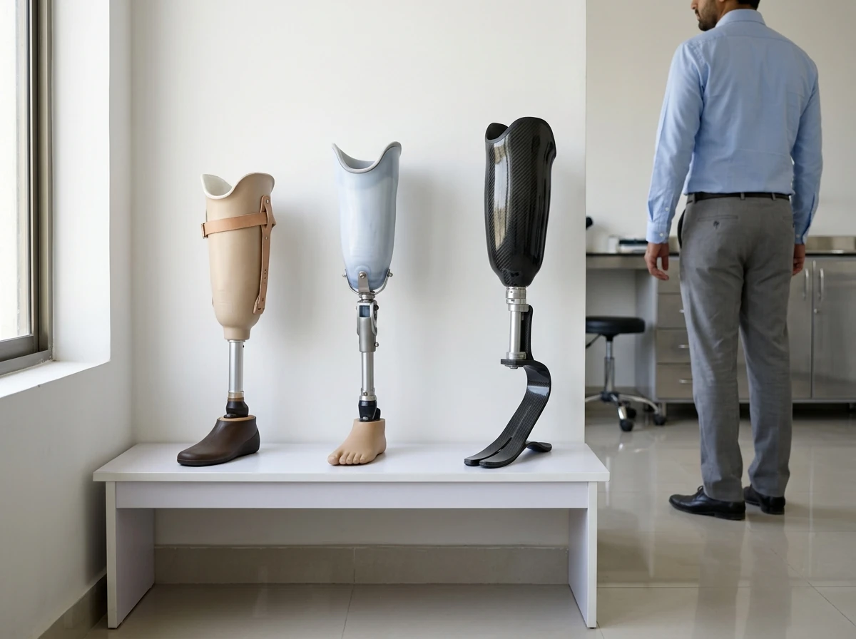 Three below knee artificial legs standing in a row on a white bench showing increasing specification from left to right: a basic leg with a strap and rubber foot, a mid range leg with a pin lock liner, and a high specification leg with a carbon socket and carbon blade foot. Product photograph. No people. Photograph taken in Karachi, Pakistan, in a clean, modern, well lit private prosthetics clinic with white walls, a polished tiled floor and tidy steel and laminate furniture. Any person shown is Pakistani and well dressed, with the face out of frame. Natural daylight, realistic colours, documentary style. No text, no signage, no logos, no watermarks. 4:3 aspect ratio.