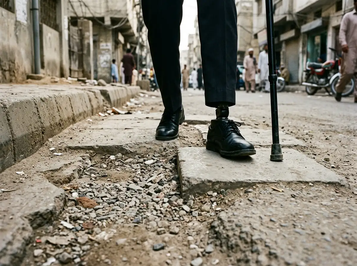 A broken and uneven paved footpath in a Karachi neighbourhood with a raised kerb, a missing paving slab and loose gravel, photographed at ground level in daylight with a prosthetic foot in a dark shoe and a walking stick tip stepping carefully onto a level slab, only the lower leg and stick visible. Photograph taken in Karachi, Pakistan. Any person shown is Pakistani and well dressed, with the face out of frame. Natural daylight, realistic colours, documentary style. No text, no signage, no logos, no watermarks. 4:3 aspect ratio.