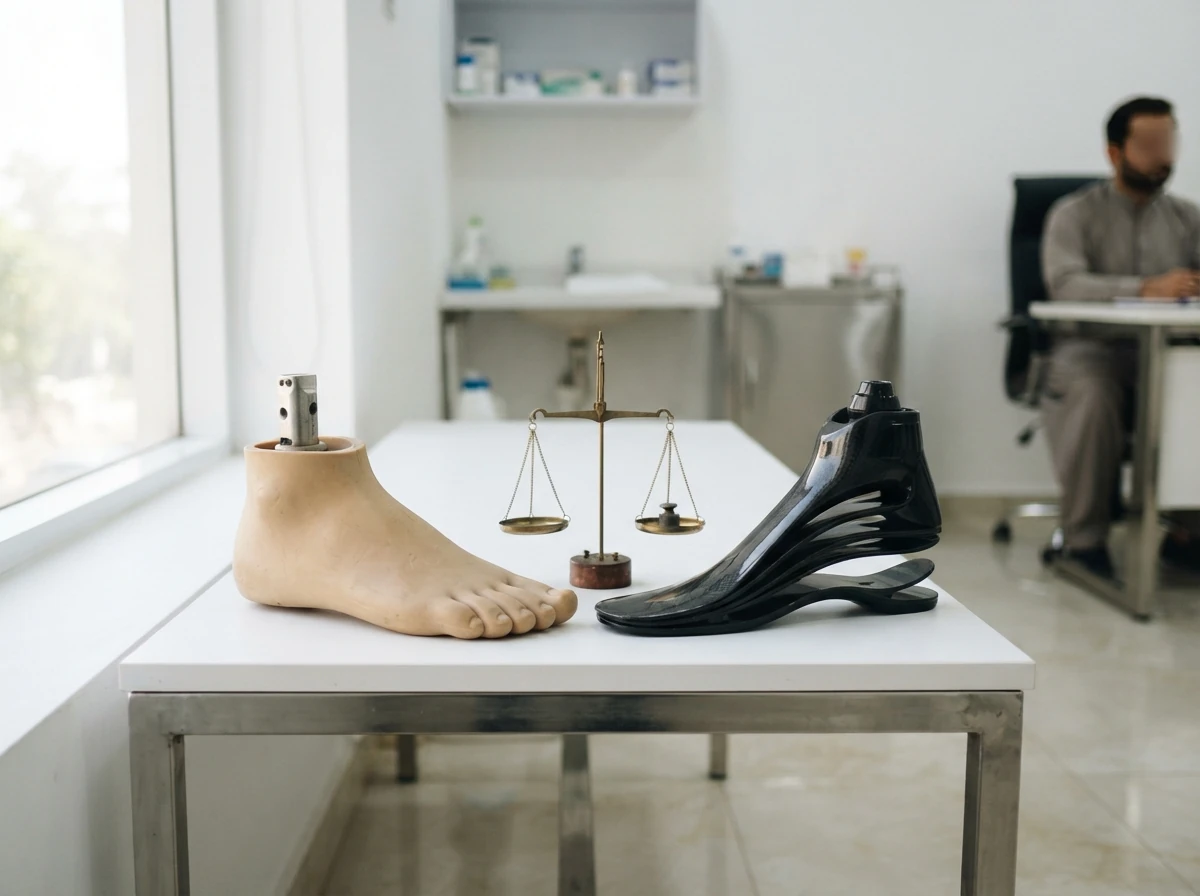 Two prosthetic feet side by side on a white bench, one a plain locally made rubber foot and the other a black imported carbon fibre foot, with a small balance scale between them as a visual comparison. Product photograph. No people. Photograph taken in Karachi, Pakistan, in a clean, modern, well lit private prosthetics clinic with white walls, a polished tiled floor and tidy steel and laminate furniture. Any person shown is Pakistani and well dressed, with the face out of frame. Natural daylight, realistic colours, documentary style. No text, no signage, no logos, no watermarks. 4:3 aspect ratio.