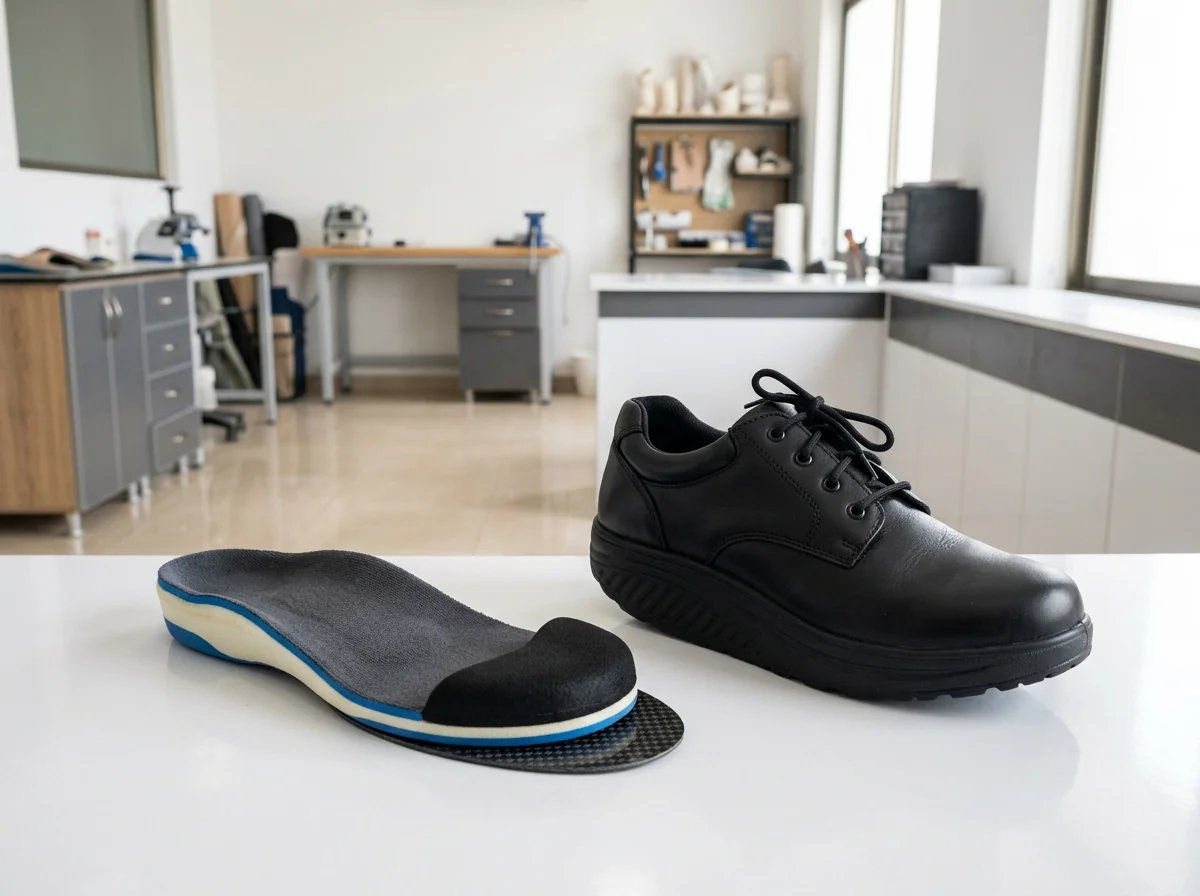 A custom moulded diabetic insole with a soft foam toe filler at the front and a thin black carbon fibre footplate beneath it, placed next to a black lace up leather shoe with a rocker sole, on a white surface. Product photograph. No people. Photograph taken in Karachi, Pakistan, in a clean, modern, well lit private prosthetics clinic with white walls, a polished tiled floor and tidy steel and laminate furniture. Any person shown is Pakistani and well dressed, with the face out of frame. Natural daylight, realistic colours, documentary style. No text, no signage, no logos, no watermarks. 4:3 aspect ratio.