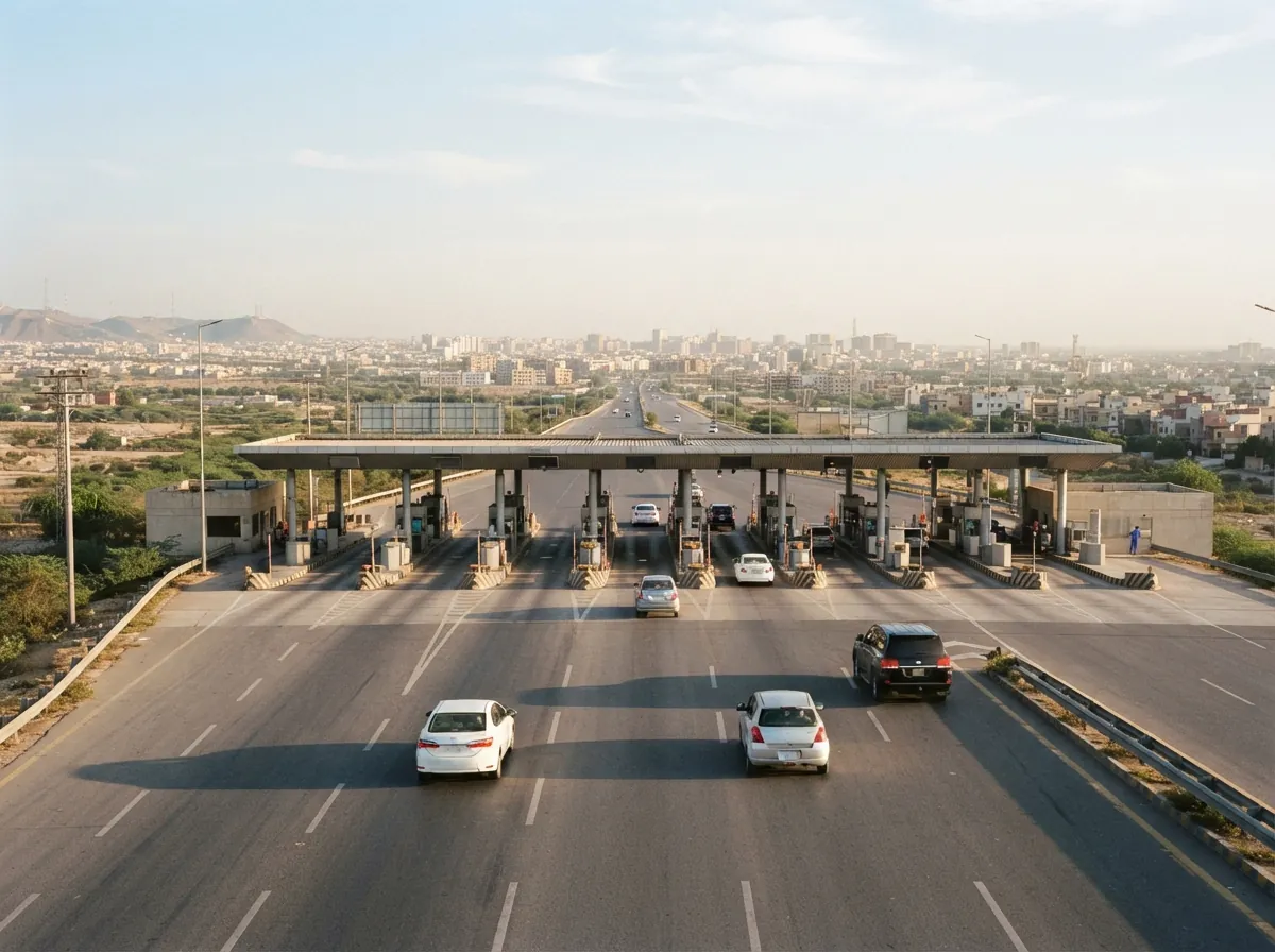 The motorway toll plaza on the approach to Karachi from Hyderabad in morning light with a few cars passing through, photographed from a distance so that no number plates or signs are readable. No people. Photograph taken in Karachi, Pakistan. Any person shown is Pakistani and well dressed, with the face out of frame. Natural daylight, realistic colours, documentary style. No text, no signage, no logos, no watermarks. 4:3 aspect ratio.