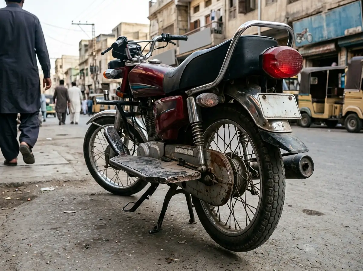 A commuter motorcycle on its centre stand with a broad rear footrest plate and a rear grab rail, photographed from behind and to the side at a low angle on a clean Karachi street to show where a passenger rests the feet. No people. Photograph taken in Karachi, Pakistan. Any person shown is Pakistani and well dressed, with the face out of frame. Natural daylight, realistic colours, documentary style. No text, no signage, no logos, no watermarks. 4:3 aspect ratio.