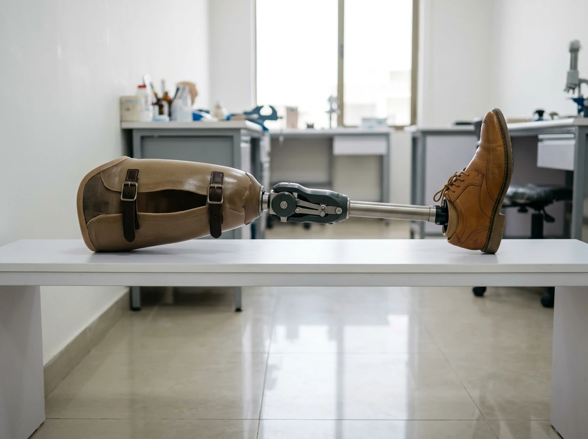 A knee disarticulation artificial leg with a long thigh socket that has a side opening closed by two straps, a compact four bar knee joint directly beneath it, a pylon and a foot in a tan leather shoe, on a white bench. The leg is the only subject. No people. Photograph taken in Karachi, Pakistan, in a clean, modern, well lit private prosthetics clinic with white walls, a polished tiled floor and tidy steel and laminate furniture. Any person shown is Pakistani and well dressed, with the face out of frame. Natural daylight, realistic colours, documentary style. No text, no signage, no logos, no watermarks. 4:3 aspect ratio.