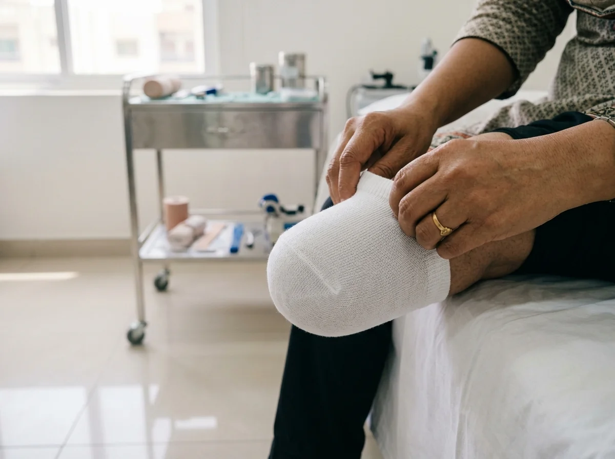 A pair of hands carefully smoothing a clean white cotton stump sock over a below knee residual limb so that there are no wrinkles, close view on a clean white bed sheet, only the hands and the limb visible. Photograph taken in Karachi, Pakistan, in a clean, modern, well lit private prosthetics clinic with white walls, a polished tiled floor and tidy steel and laminate furniture. Any person shown is Pakistani and well dressed, with the face out of frame. Natural daylight, realistic colours, documentary style. No text, no signage, no logos, no watermarks. 4:3 aspect ratio.