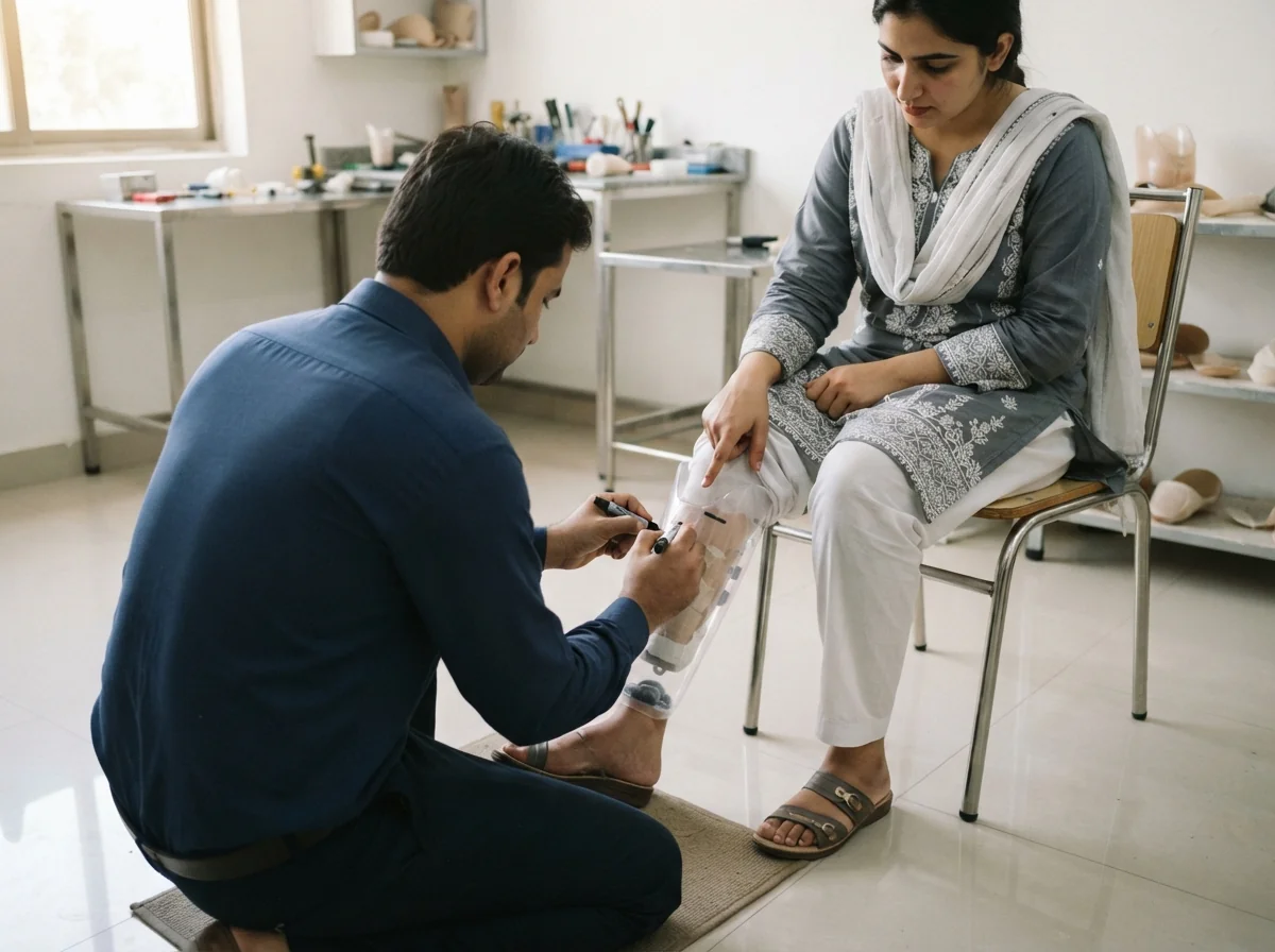 A prosthetist in a plain collared shirt, seen from behind, kneeling to mark a clear test socket with a pen while a seated patient in a neat shalwar kameez points with one finger to a spot on the socket, photographed so that both faces are out of frame. Photograph taken in Karachi, Pakistan, in a clean, modern, well lit private prosthetics clinic with white walls, a polished tiled floor and tidy steel and laminate furniture. Any person shown is Pakistani and well dressed, with the face out of frame. Natural daylight, realistic colours, documentary style. No text, no signage, no logos, no watermarks. 4:3 aspect ratio.