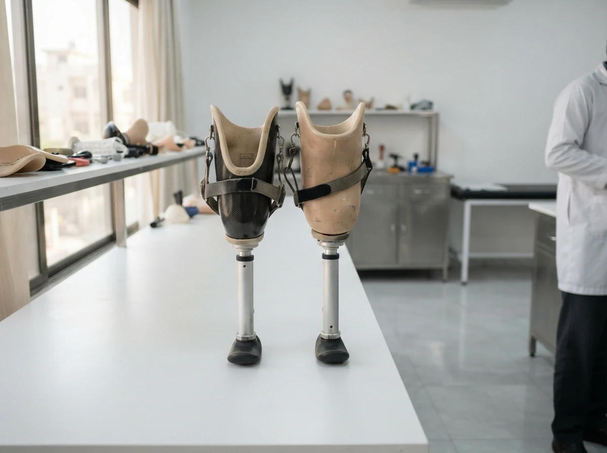 A pair of short training prostheses for bilateral above knee amputation, each a thigh socket mounted directly on a short pylon with a small rounded rocker foot and no knee joint, standing on a white bench. Product photograph. No people. Photograph taken in Karachi, Pakistan, in a clean, modern, well lit private prosthetics clinic with white walls, a polished tiled floor and tidy steel and laminate furniture. Any person shown is Pakistani and well dressed, with the face out of frame. Natural daylight, realistic colours, documentary style. No text, no signage, no logos, no watermarks. 4:3 aspect ratio.