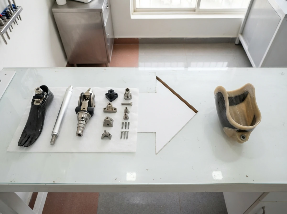 A prosthetic foot, a pylon, a knee joint and a set of adapters arranged neatly on the left of a white workbench, with a new empty laminated socket on the right and an arrow shaped gap of empty space between them. Product photograph from above. No people. Photograph taken in Karachi, Pakistan, in a clean, modern, well lit private prosthetics clinic with white walls, a polished tiled floor and tidy steel and laminate furniture. Any person shown is Pakistani and well dressed, with the face out of frame. Natural daylight, realistic colours, documentary style. No text, no signage, no logos, no watermarks. 4:3 aspect ratio.
