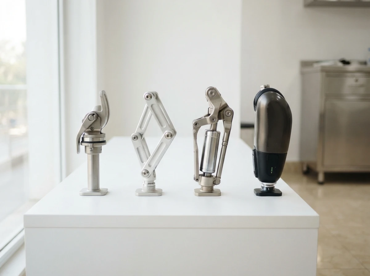 Four prosthetic knee joints standing in a row on a white bench: a simple knee with a lock lever, a four bar linkage knee, a knee with a visible hydraulic cylinder, and a sleek enclosed microprocessor knee. Product photograph. No people. Photograph taken in Karachi, Pakistan, in a clean, modern, well lit private prosthetics clinic with white walls, a polished tiled floor and tidy steel and laminate furniture. Any person shown is Pakistani and well dressed, with the face out of frame. Natural daylight, realistic colours, documentary style. No text, no signage, no logos, no watermarks. 4:3 aspect ratio.
