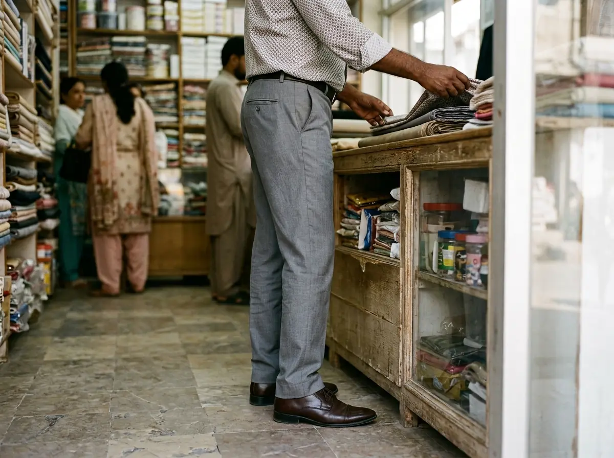 A man wearing a below knee artificial leg under smart grey trousers standing behind the counter of a tidy well lit shop in Karachi, photographed from the side at waist height and below so the prosthetic ankle above a polished shoe is visible, face out of frame. Photograph taken in Karachi, Pakistan. Any person shown is Pakistani and well dressed, with the face out of frame. Natural daylight, realistic colours, documentary style. No text, no signage, no logos, no watermarks. 4:3 aspect ratio.