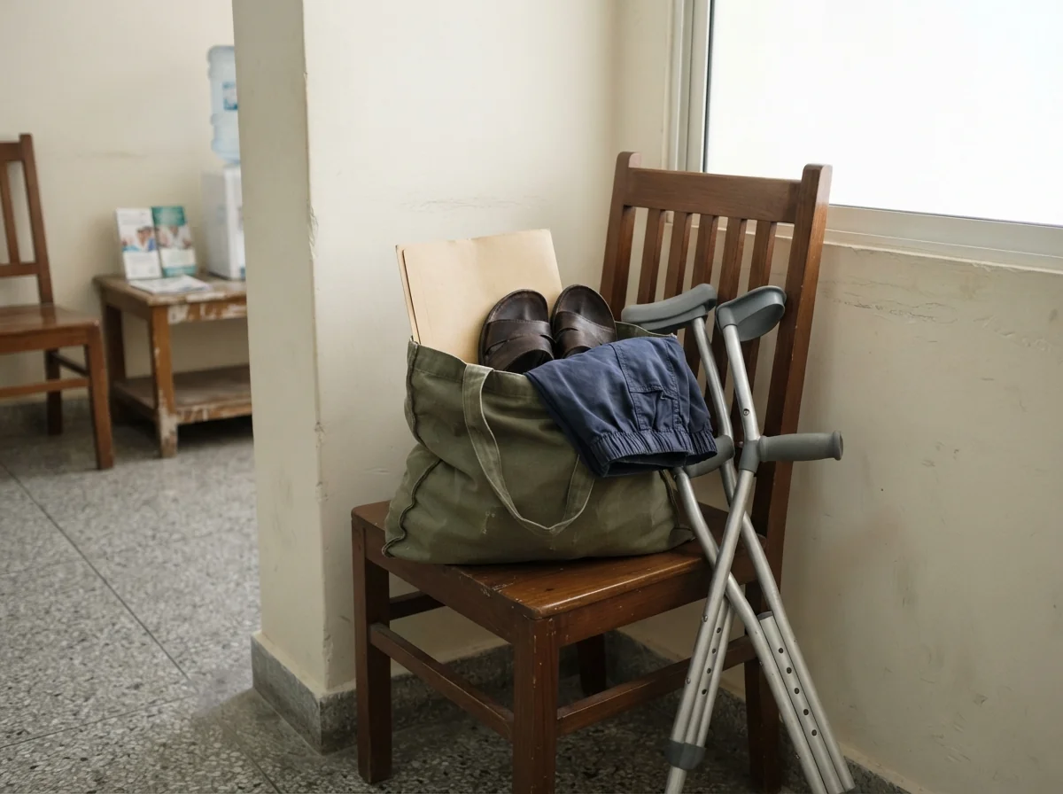 A cloth tote bag on a chair packed for a clinic visit with a plain document folder, a pair of sandals and folded shorts visible at the top, beside a pair of elbow crutches leaning on the chair, in a clean room. No people. Photograph taken in Karachi, Pakistan. Any person shown is Pakistani and well dressed, with the face out of frame. Natural daylight, realistic colours, documentary style. No text, no signage, no logos, no watermarks. 4:3 aspect ratio.