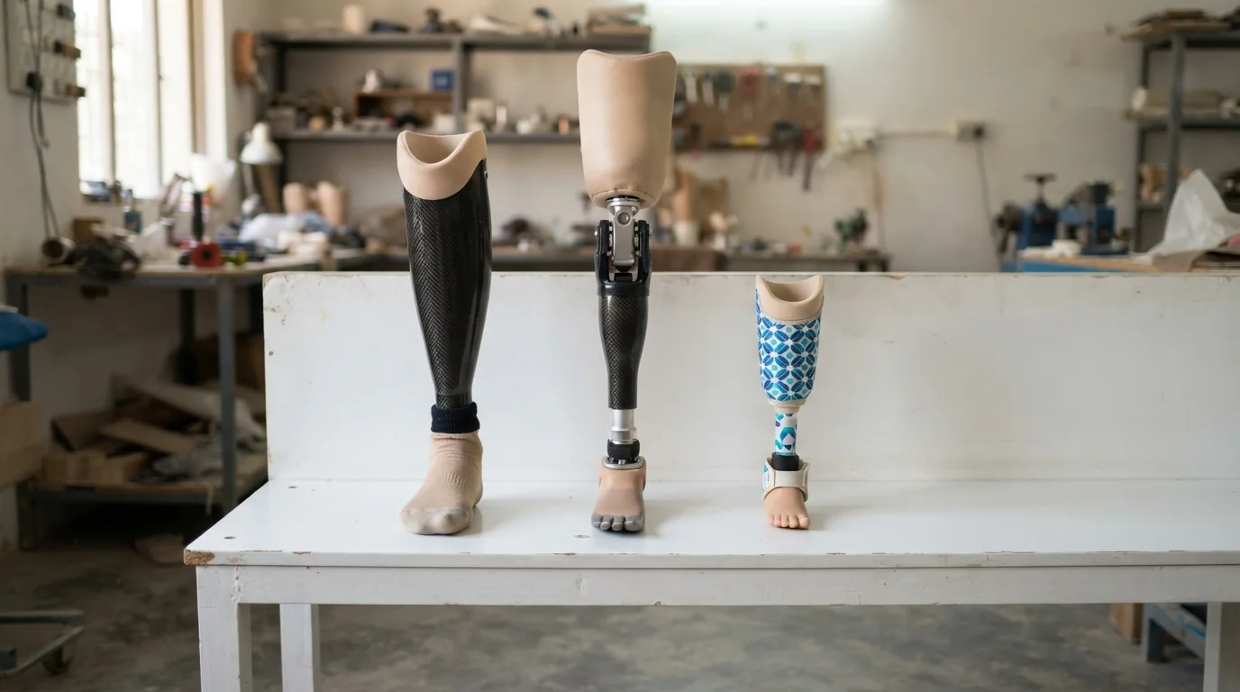 Three artificial legs displayed side by side on a white clinic bench: a below knee leg, an above knee leg with a mechanical knee joint, and a small leg made for a child. Product photograph, the legs are the only subject. No people. Photograph taken in Karachi, Pakistan, in a clean, modern, well lit private prosthetics clinic with white walls, a polished tiled floor and tidy steel and laminate furniture. Any person shown is Pakistani and well dressed, with the face out of frame. Natural daylight, realistic colours, documentary style. No text, no signage, no logos, no watermarks. 4:3 aspect ratio.