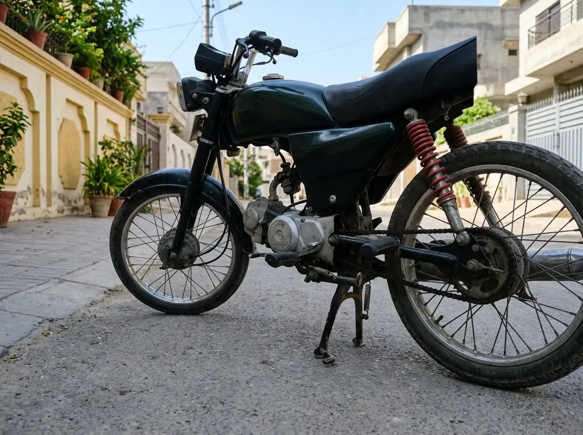 A standard 70cc commuter motorcycle parked on its stand on a clean paved Karachi street in daylight, photographed from the left side at a low angle so the gear lever, foot peg and rear brake pedal area are clearly visible. No people. Photograph taken in Karachi, Pakistan. Any person shown is Pakistani and well dressed, with the face out of frame. Natural daylight, realistic colours, documentary style. No text, no signage, no logos, no watermarks. 4:3 aspect ratio.