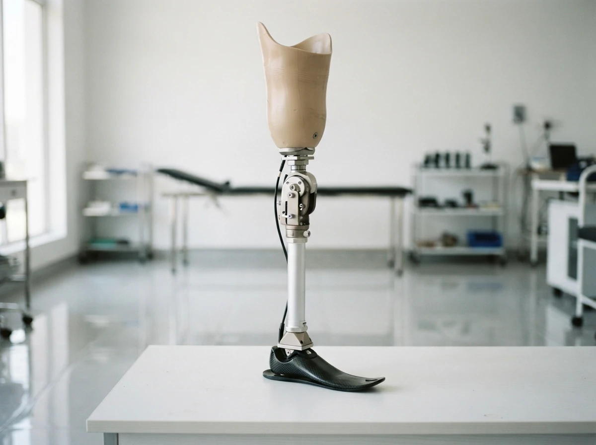 An above knee artificial leg standing upright on a white bench with its cosmetic cover removed so that the socket, knee joint, pyramid adapters, pylon and foot are each clearly visible as separate parts, plain white background. Product photograph. No people. Photograph taken in Karachi, Pakistan, in a clean, modern, well lit private prosthetics clinic with white walls, a polished tiled floor and tidy steel and laminate furniture. Any person shown is Pakistani and well dressed, with the face out of frame. Natural daylight, realistic colours, documentary style. No text, no signage, no logos, no watermarks. 4:3 aspect ratio.