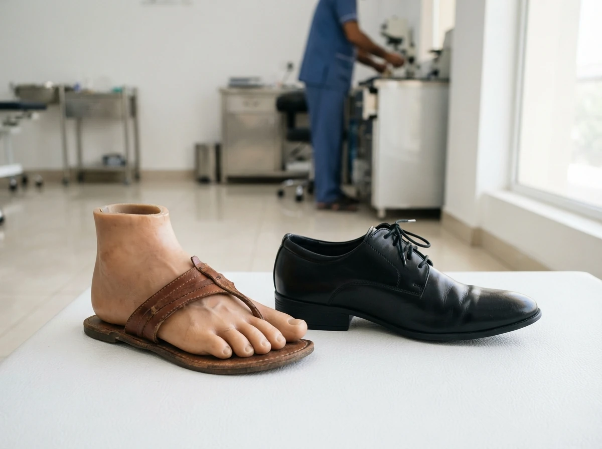 A prosthetic foot with a natural looking foot shell that has a separated big toe, wearing a brown leather thong chappal, placed beside a black formal lace up shoe and a small rubber heel wedge on a white surface. Product photograph. No people. Photograph taken in Karachi, Pakistan, in a clean, modern, well lit private prosthetics clinic with white walls, a polished tiled floor and tidy steel and laminate furniture. Any person shown is Pakistani and well dressed, with the face out of frame. Natural daylight, realistic colours, documentary style. No text, no signage, no logos, no watermarks. 4:3 aspect ratio.