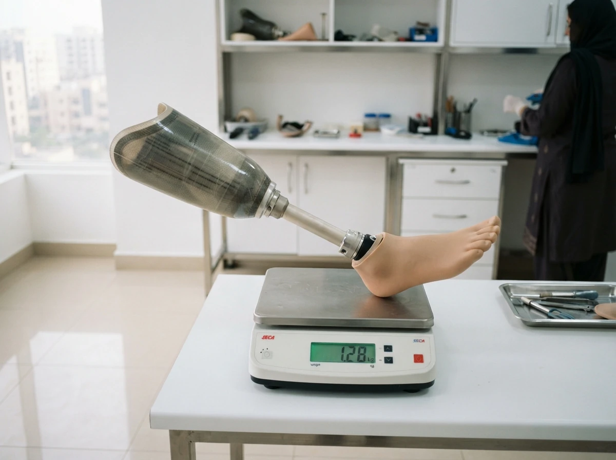 A lightweight below knee artificial leg with a thin walled socket, a slim aluminium pylon and a light foam covered foot, resting on a digital weighing scale on a white bench to show its low weight. Product photograph. No people. Photograph taken in Karachi, Pakistan, in a clean, modern, well lit private prosthetics clinic with white walls, a polished tiled floor and tidy steel and laminate furniture. Any person shown is Pakistani and well dressed, with the face out of frame. Natural daylight, realistic colours, documentary style. No text, no signage, no logos, no watermarks. 4:3 aspect ratio.