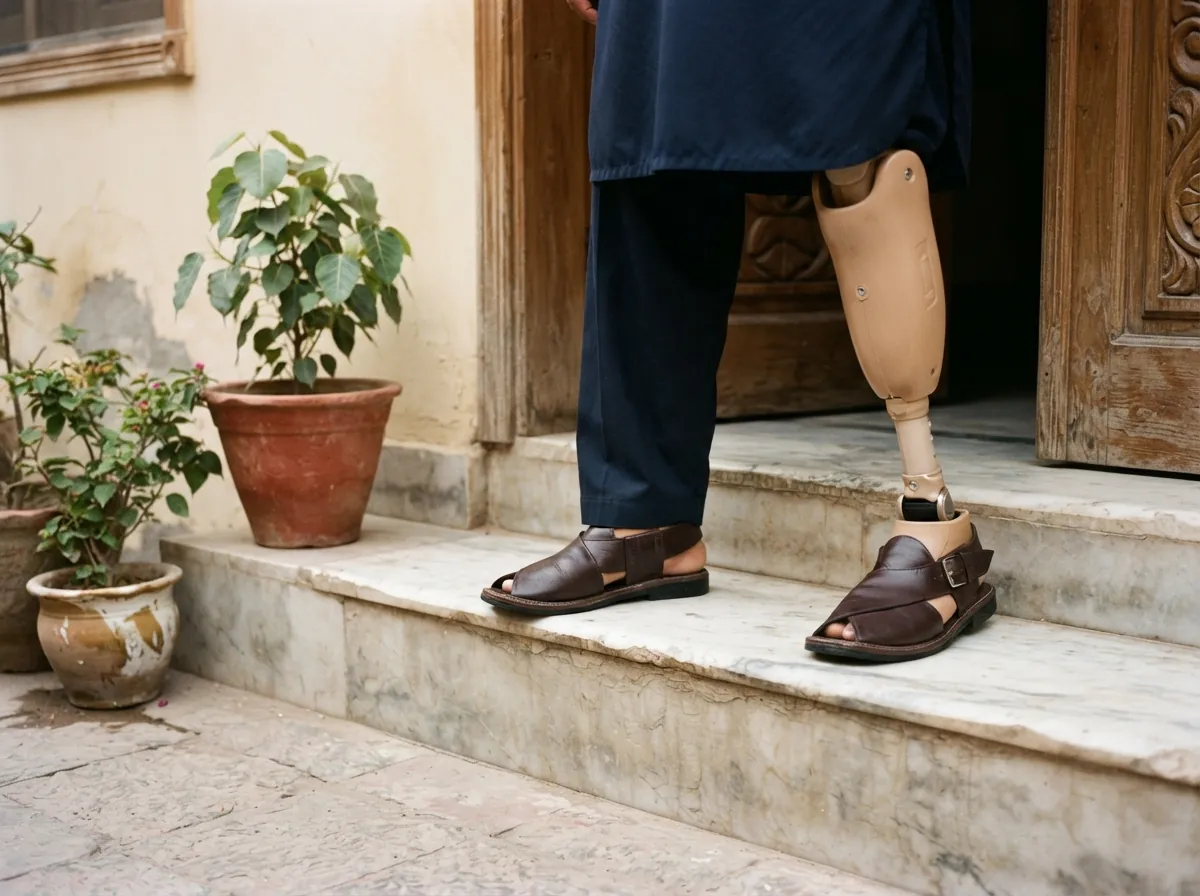 A below knee artificial leg wearing a brown leather sandal, stepping up onto a polished marble doorstep of a Karachi home, photographed at ankle height with only the lower legs and the hem of pressed trousers visible, potted plants beside the step. Photograph taken in Karachi, Pakistan. Any person shown is Pakistani and well dressed, with the face out of frame. Natural daylight, realistic colours, documentary style. No text, no signage, no logos, no watermarks. 4:3 aspect ratio.