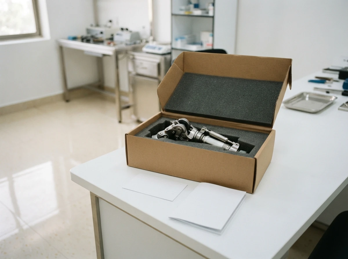 A new prosthetic knee joint resting in an opened plain cardboard box with protective foam, a blank warranty card and an instruction booklet beside it on a white desk, photographed so that no printed words are readable. No people. Photograph taken in Karachi, Pakistan, in a clean, modern, well lit private prosthetics clinic with white walls, a polished tiled floor and tidy steel and laminate furniture. Any person shown is Pakistani and well dressed, with the face out of frame. Natural daylight, realistic colours, documentary style. No text, no signage, no logos, no watermarks. 4:3 aspect ratio.